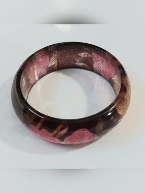 Resin Bangle Bracelet in Pink and Brown Floral Pattern - Womens Jewelry